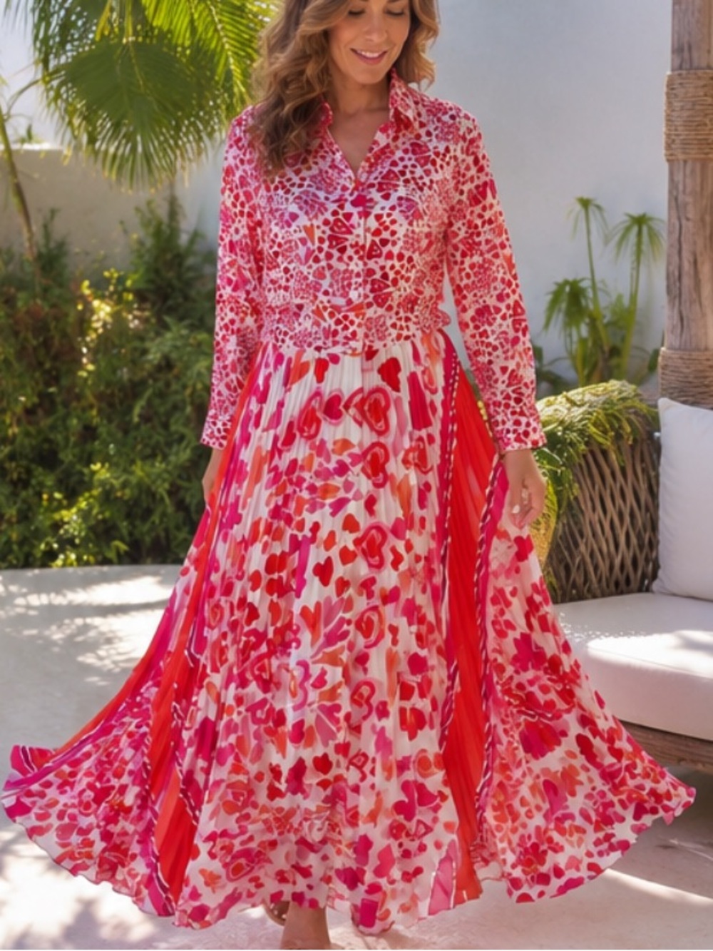 Sara Roka Pink tosca 105 Heart Print Pleated Maxi Shirt Dress | Italian Designer